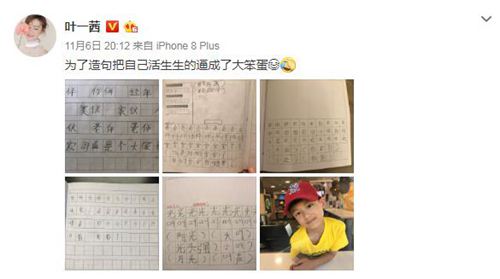 叶一茜晒小亮仔作业 称自己是笨蛋还写错爸爸名字